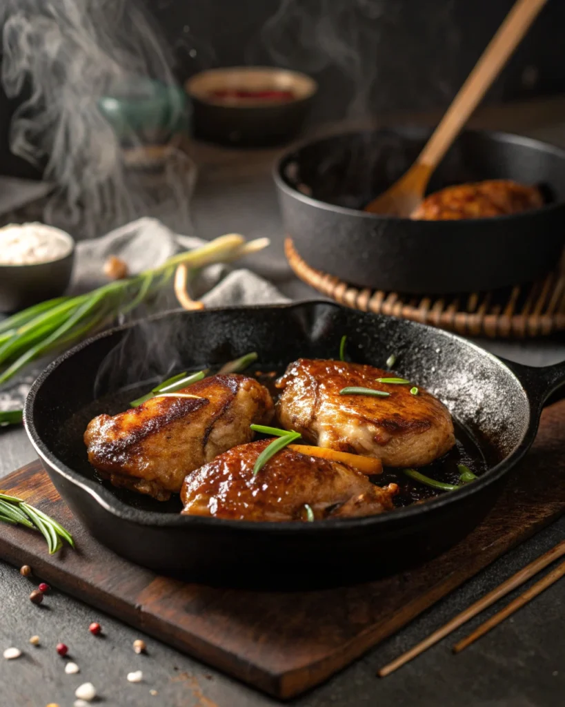 Cooking chicken in teriyaki marinade skillet