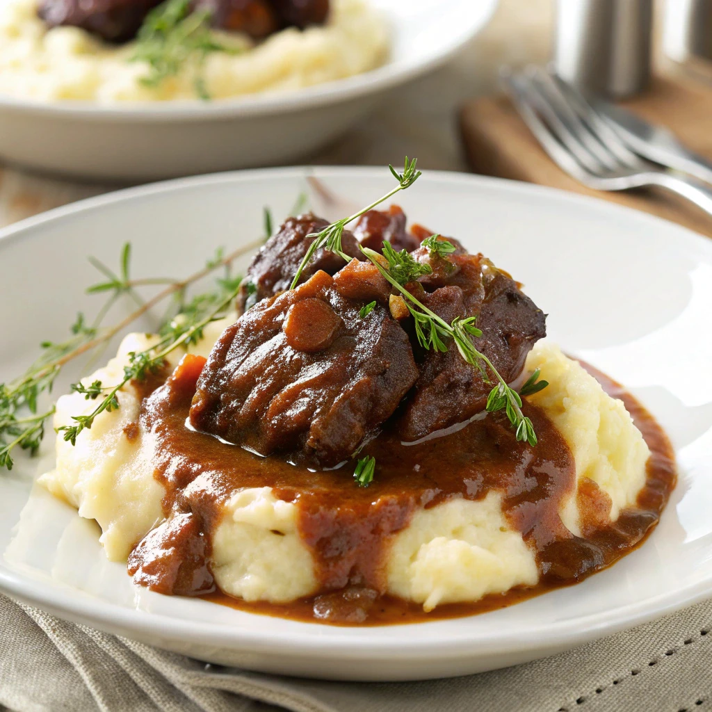Slow-cooked beef cheeks over mashed potatoes with rich gravy