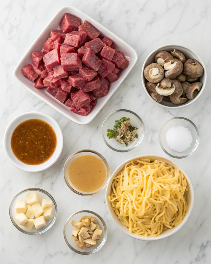Pouring gravy over beef tips in crock pot