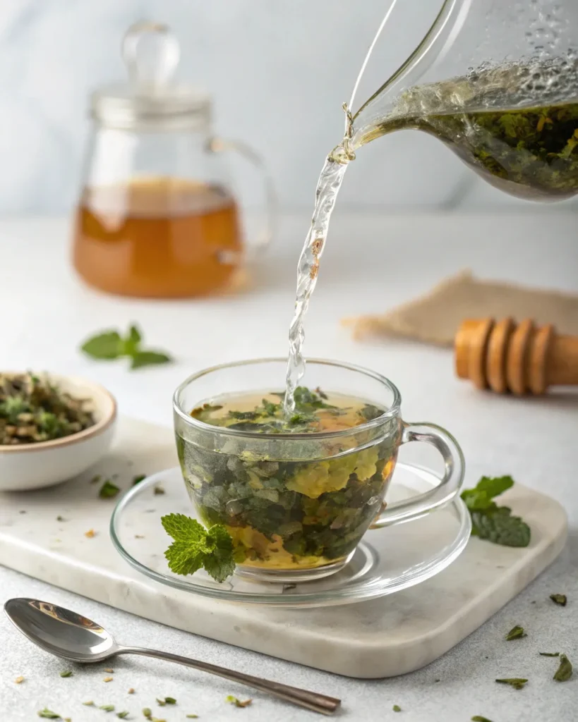 pouring hot water over lemon balm leaves in glass cup