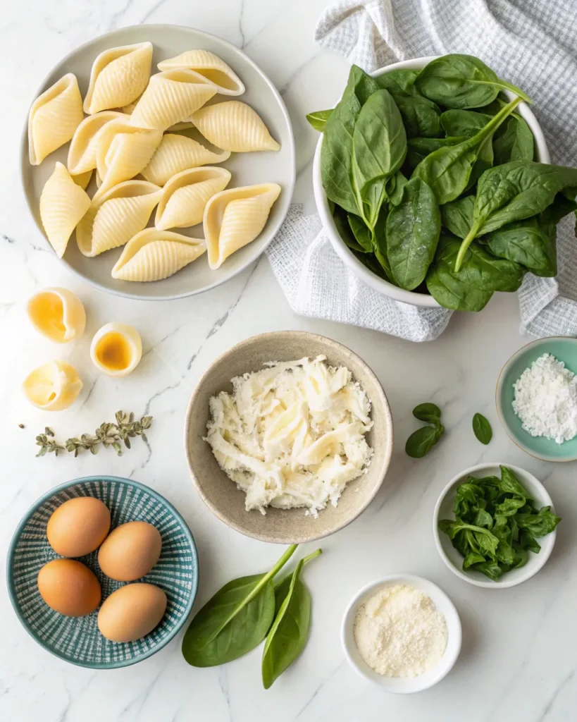 Clean flat lay of ingredients for spinach and ricotta stuffed shells