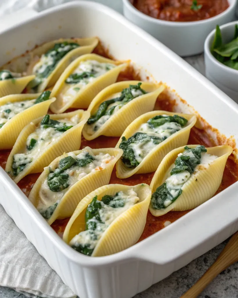 Stuffed shells with ricotta and spinach before baking