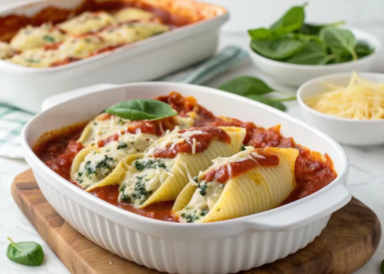 Brightly baked Stuffed Shells with Ricotta & Spinach in white dish