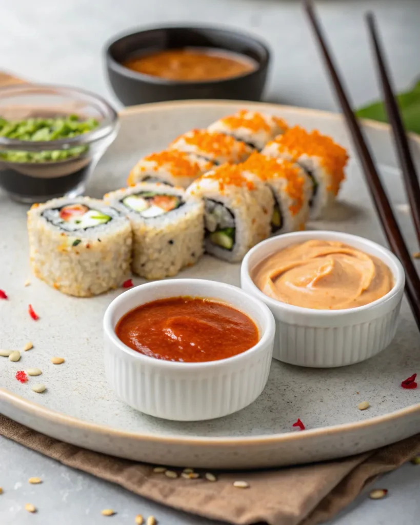 Spicy mayo and eel sauce with crunchy roll sushi