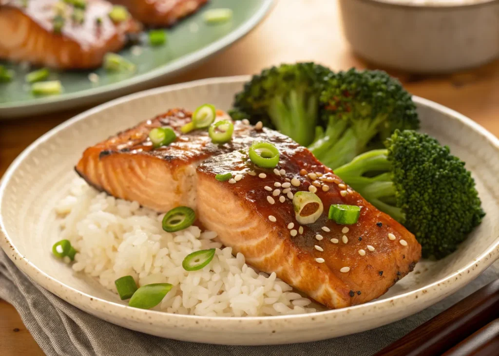Teriyaki salmon recipe with jasmine rice and vegetables