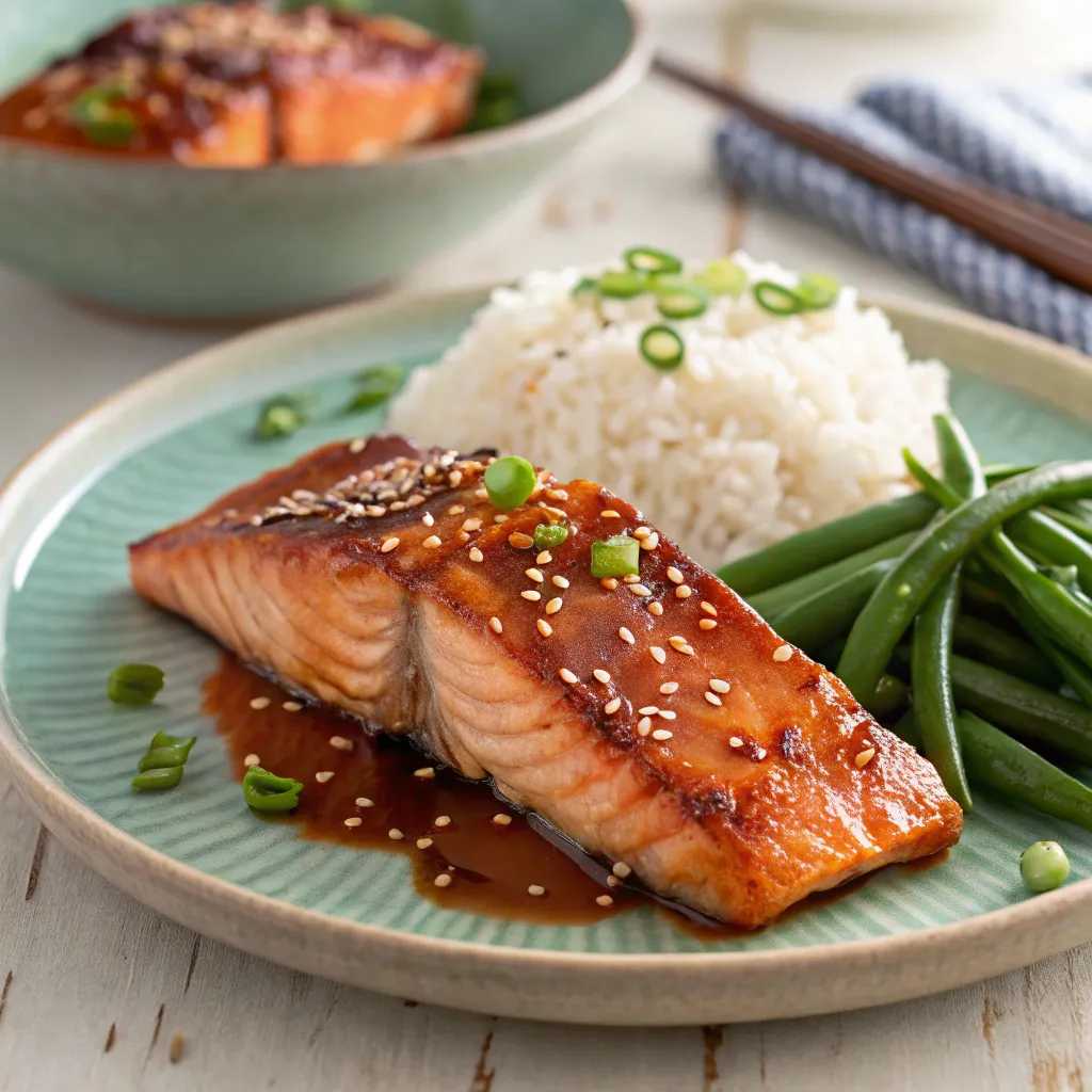 Teriyaki salmon fillets glazed and served with rice and vegetables