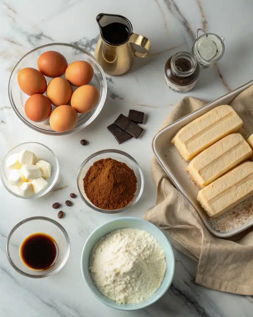 tiramisu cake ingredients laid out on marble countertop
