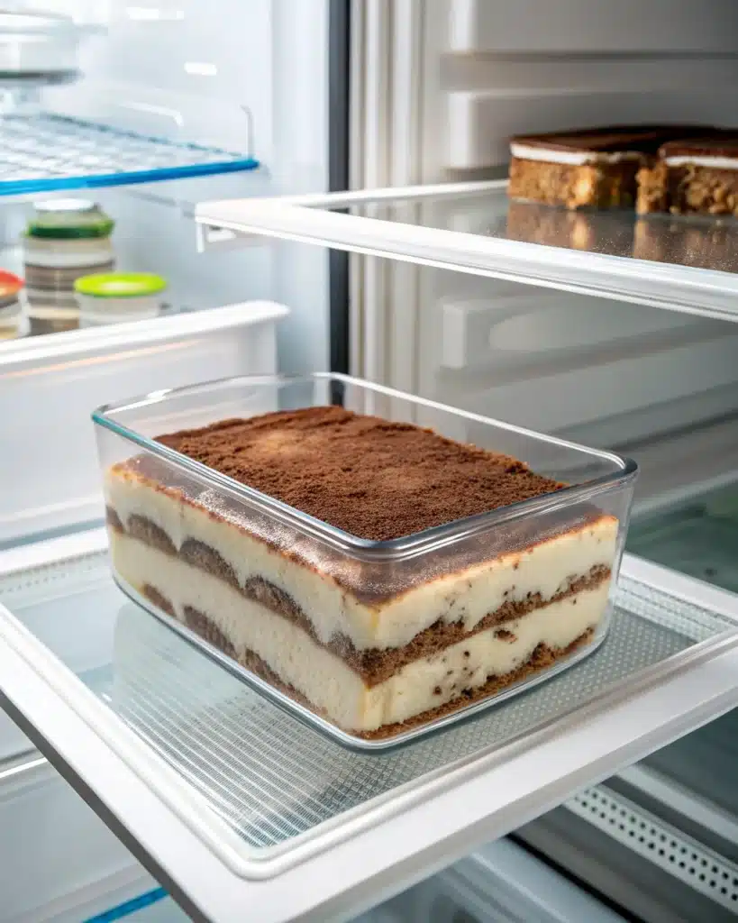 tiramisu cake slice stored in a sealed container