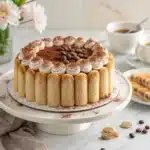 whole tiramisu cake decorated with piped mascarpone and ladyfingers