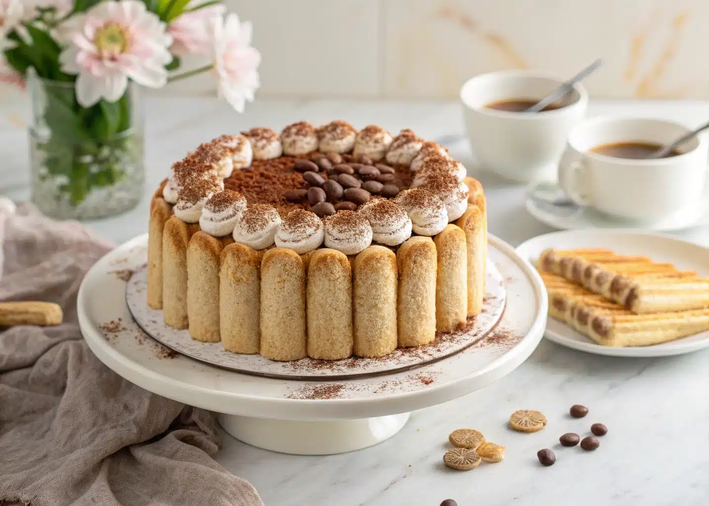 whole tiramisu cake decorated with piped mascarpone and ladyfingers