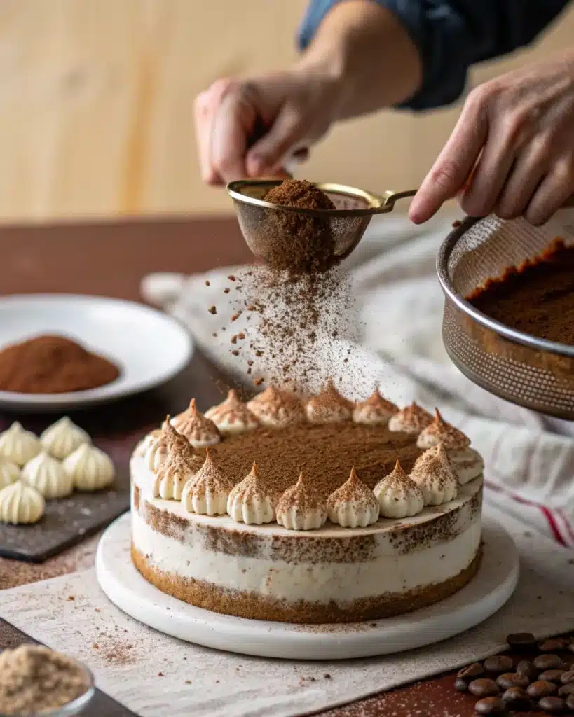 cocoa being dusted over mascarpone frosting on tiramisu cake