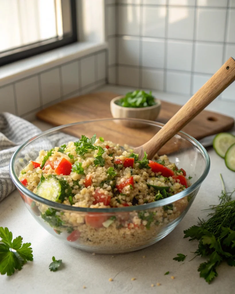 Mixed Mediterranean quinoa salad in a home mixing bowl