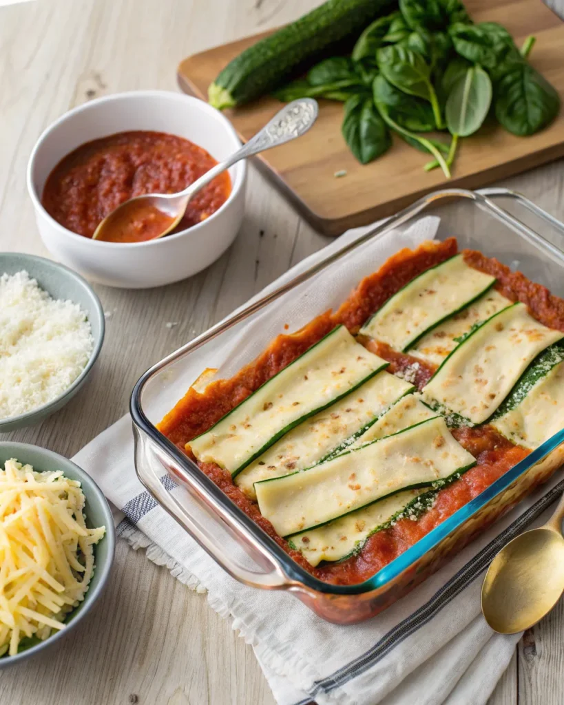 Vegetarian lasagna layers with ricotta, noodles, and roasted vegetables