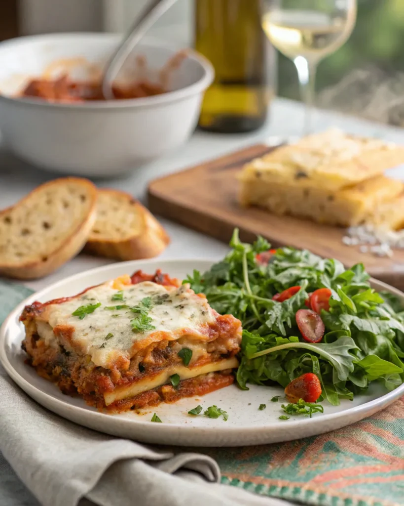 Sliced vegetarian lasagna served with salad and bread