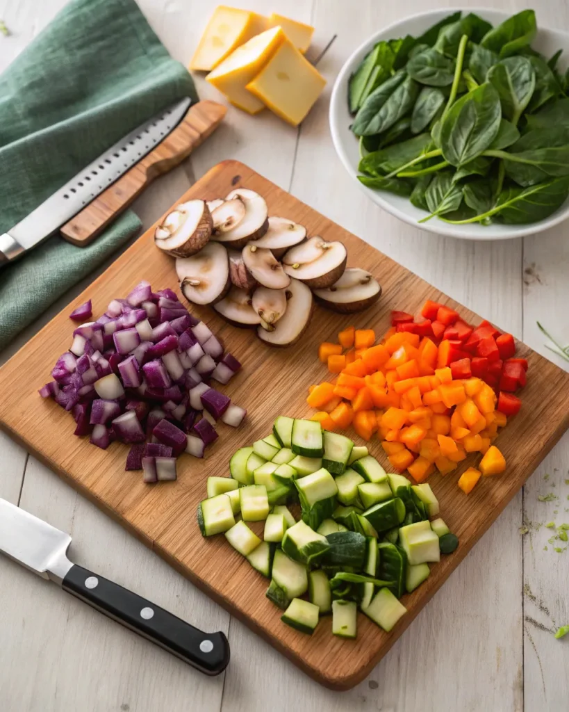Fresh chopped vegetables for vegetarian lasagna on cutting board