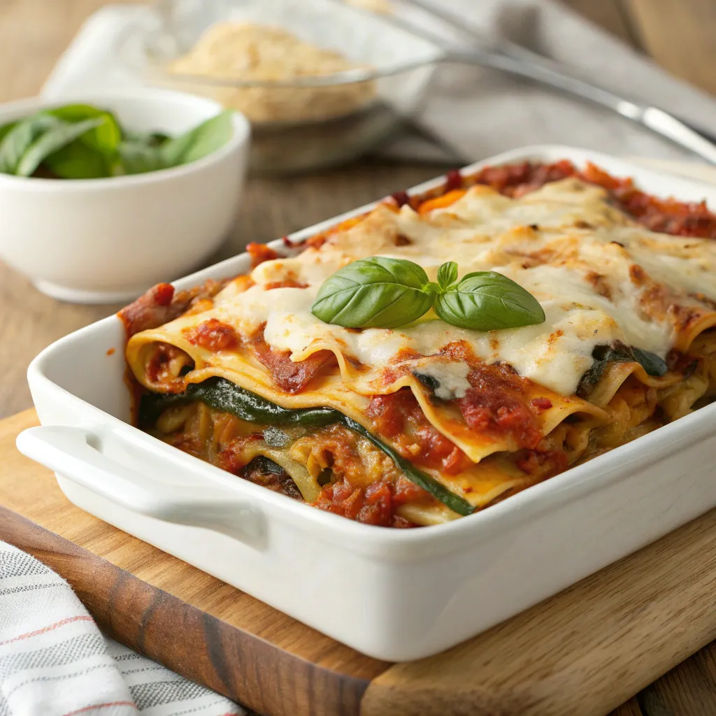 Fully baked vegetarian lasagna with cheese, sauce, and vegetables
