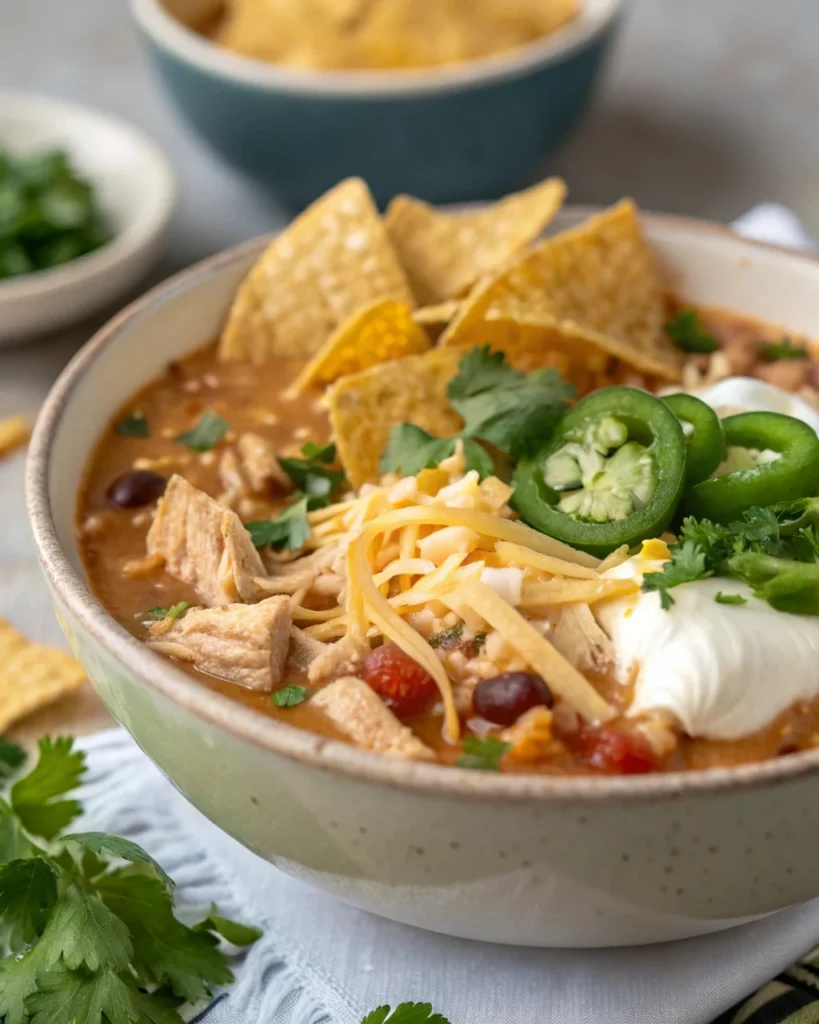Close-up of toppings on white chicken chili