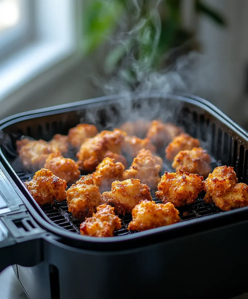 Freshly cooked air fryer popcorn chicken in basket