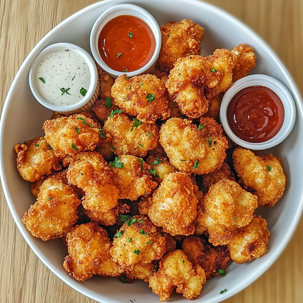 Crispy air fryer popcorn chicken served in a bowl with dipping sauces