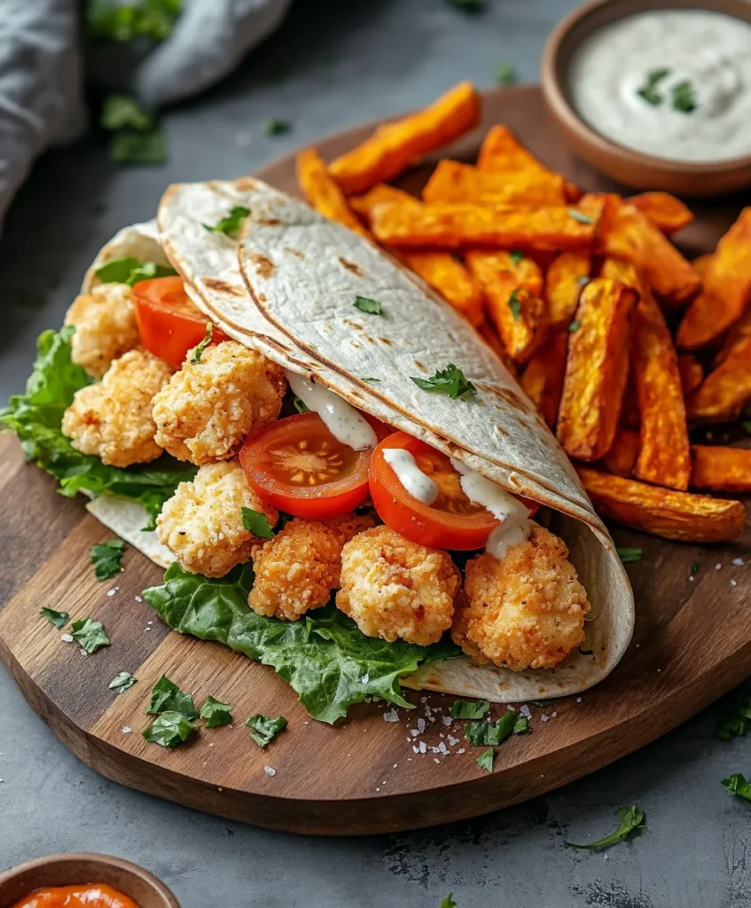 Popcorn chicken wrap with sweet potato fries