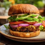 stacked black bean burger recipe with toppings on brioche bun