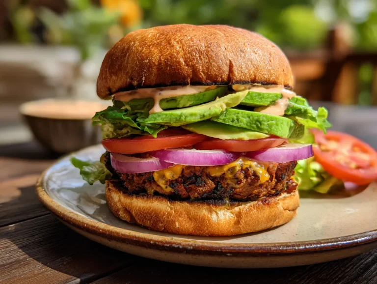 stacked black bean burger recipe with toppings on brioche bun