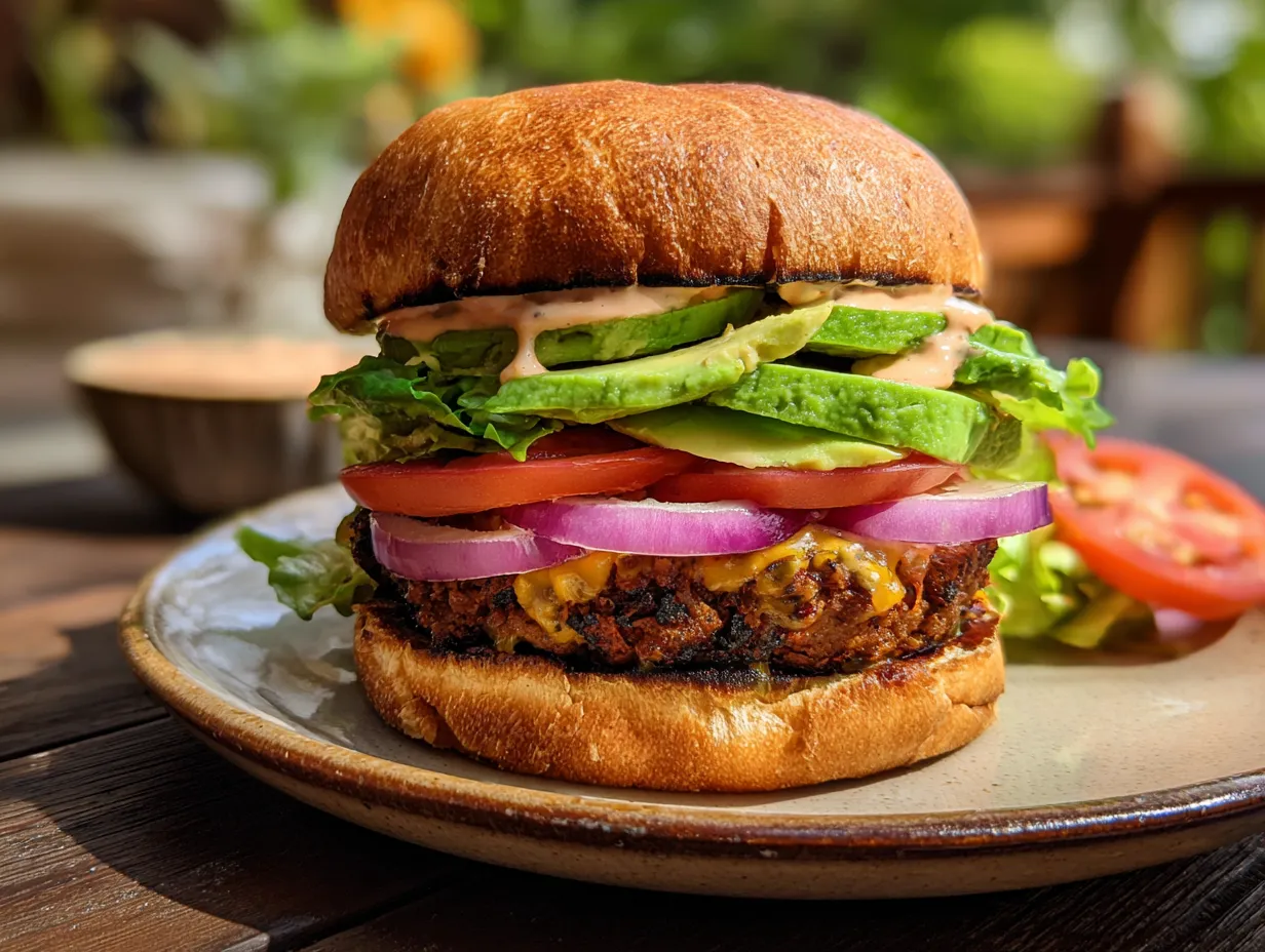 stacked black bean burger recipe with toppings on brioche bun