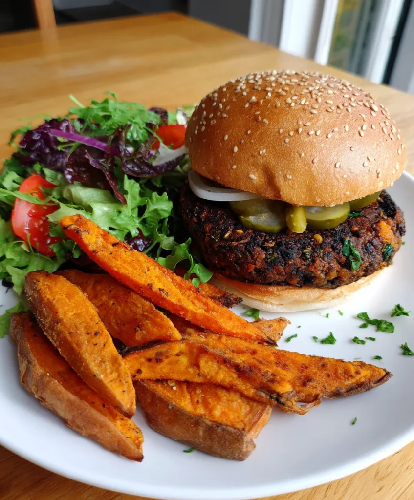 Black Bean Burger Recipe 12 final plated black bean burger meal