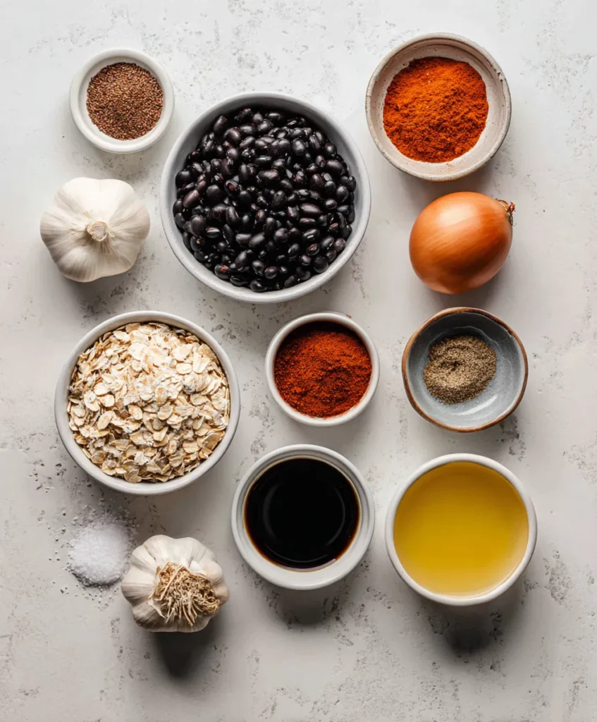 Black Bean Burger Recipe 8 black bean burger ingredients laid out on a countertop