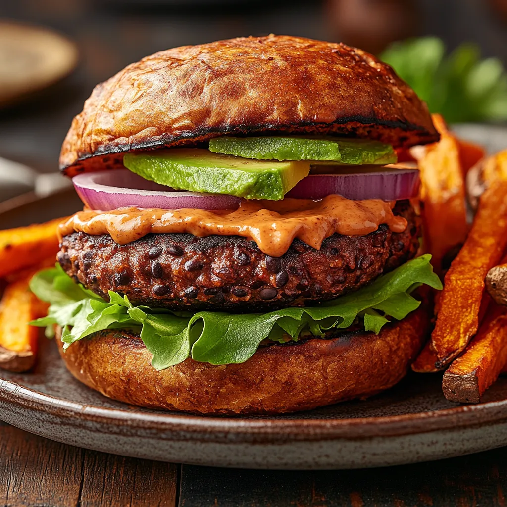 Black Bean Burger Recipe 13 black bean burger recipe stacked on a bun with toppings