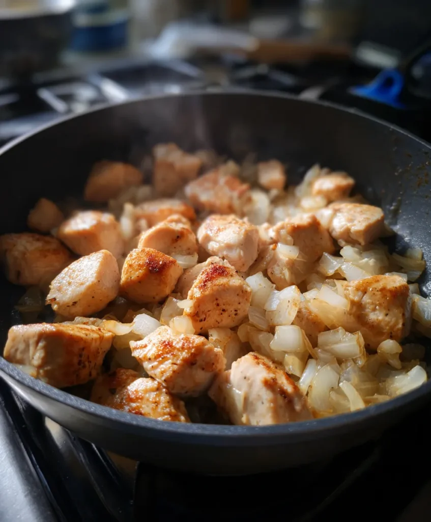 Chicken and Cabbage Soup 4 diced chicken breast browning in pot with onions for chicken and cabbage soup