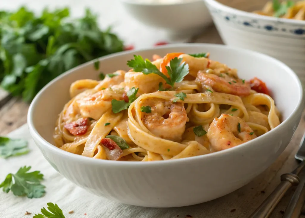 Cajun Shrimp Pasta in creamy sauce served hot