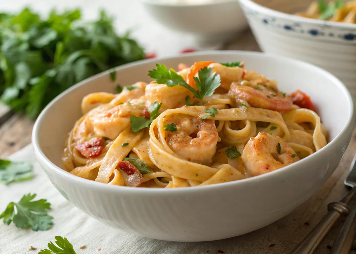 Cajun Shrimp Pasta in creamy sauce served hot
