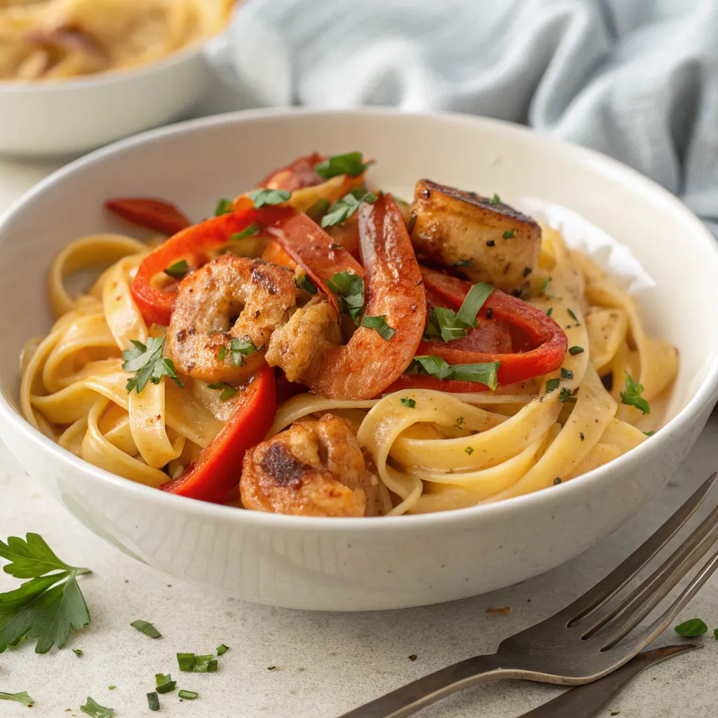 Cajun shrimp pasta recipe 6 Cajun Shrimp Pasta served in a creamy Cajun sauce with shrimp and peppers