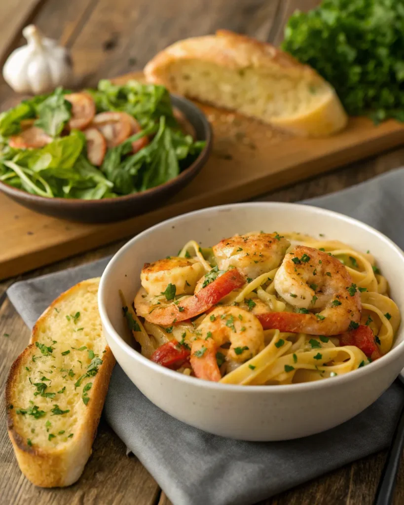 Cajun shrimp pasta recipe 4 Cajun shrimp pasta served with salad and bread
