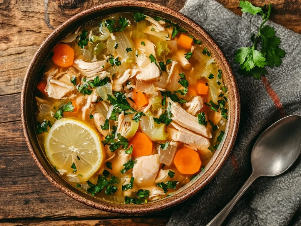 chicken and cabbage soup served in a rustic bowl with broth and vegetables