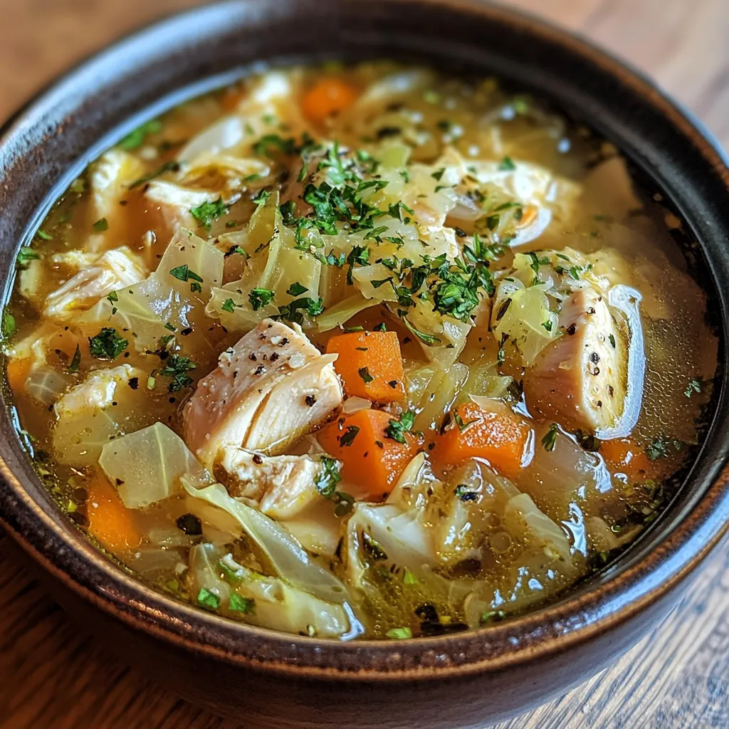 Chicken and Cabbage Soup 7 chicken and cabbage soup in a rustic bowl with broth, cabbage, carrots, and herbs