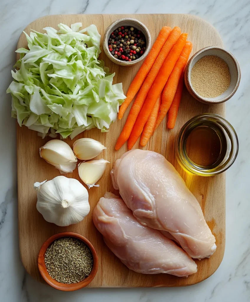 Chicken and Cabbage Soup 2 raw ingredients for chicken and cabbage soup arranged on a counter