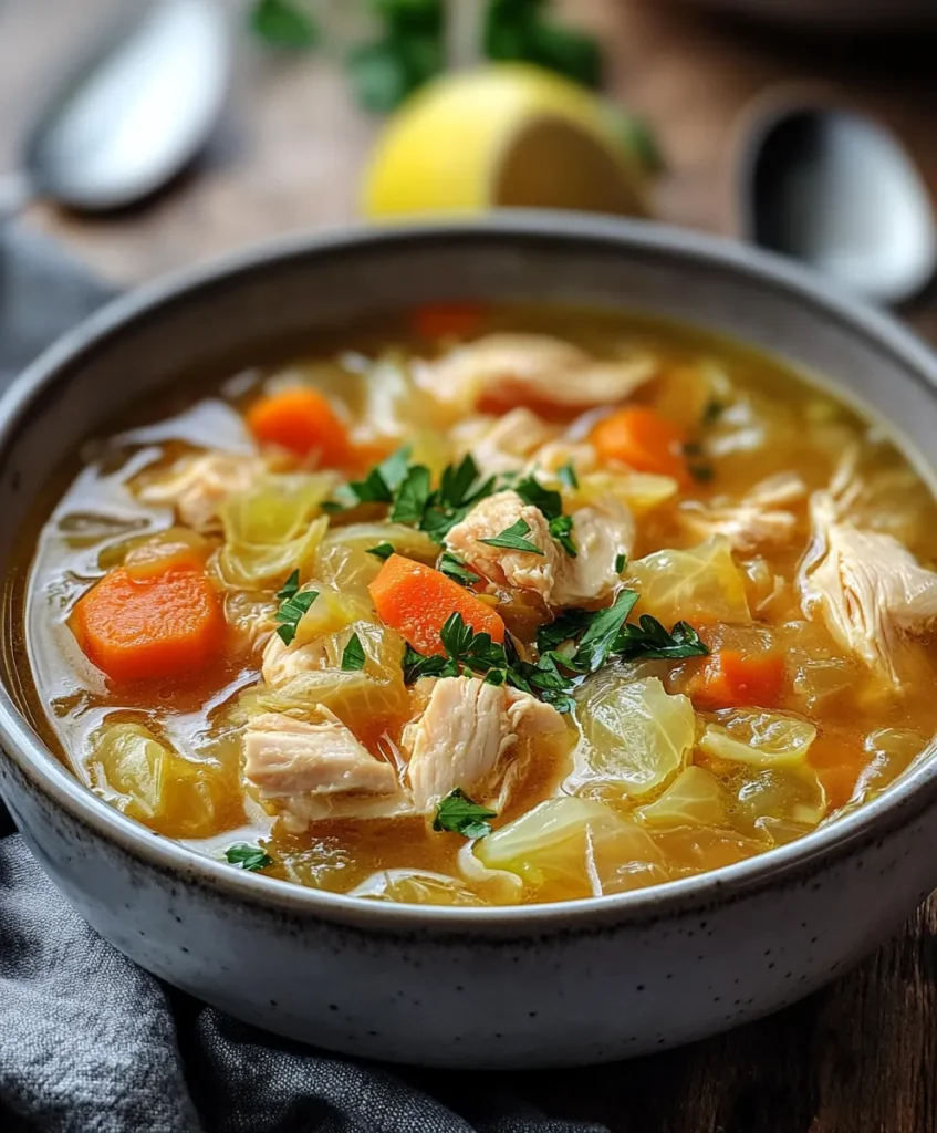 Chicken and Cabbage Soup 6 chicken and cabbage soup served in a bowl with lemon and parsley garnish
