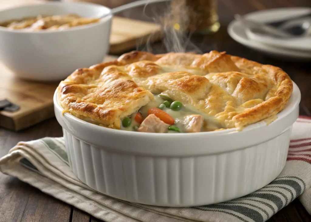 chicken pot pie casserole fresh out of oven