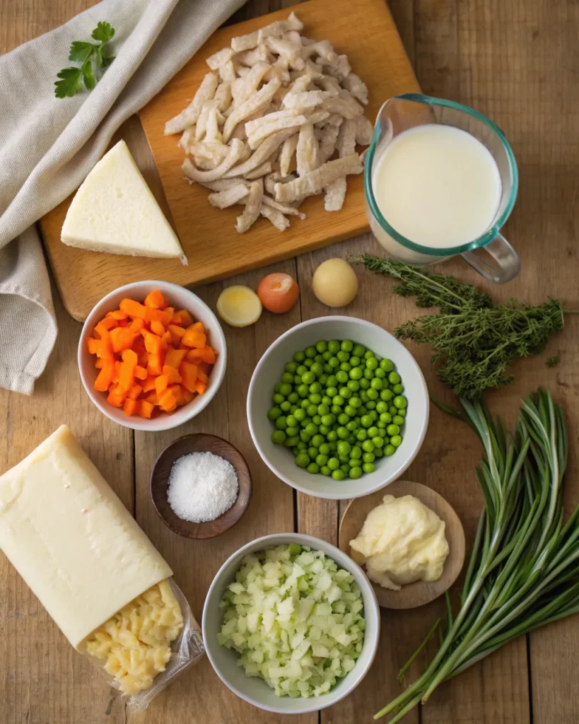 chicken pot pie casserole ingredients on kitchen counter