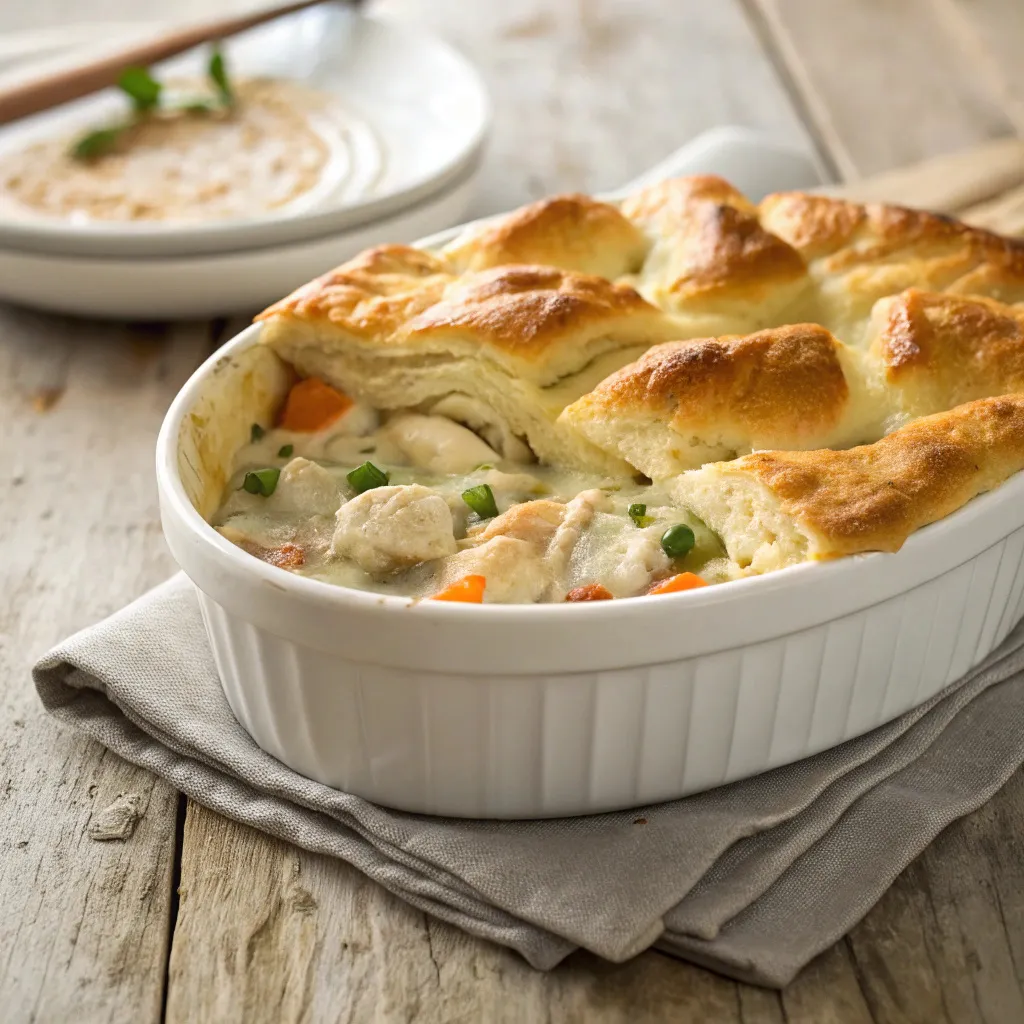 freshly baked chicken pot pie casserole with golden topping