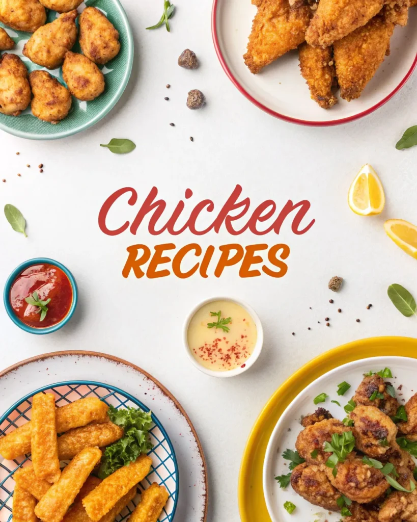 Top-down view of chicken recipes with text in center