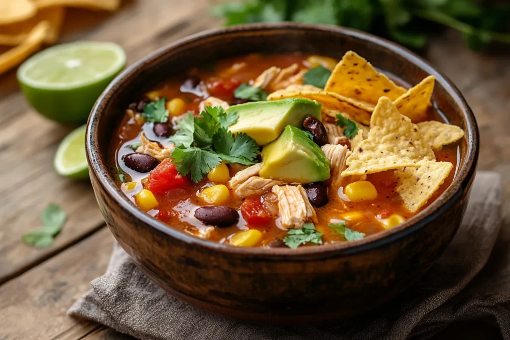 chicken taco soup recipe with tortilla chips and avocado