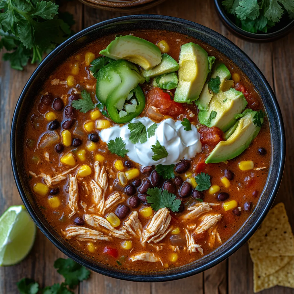 Chicken Taco Soup Recipe 5 chicken taco soup with tortilla chips, avocado, and lime in a bowl