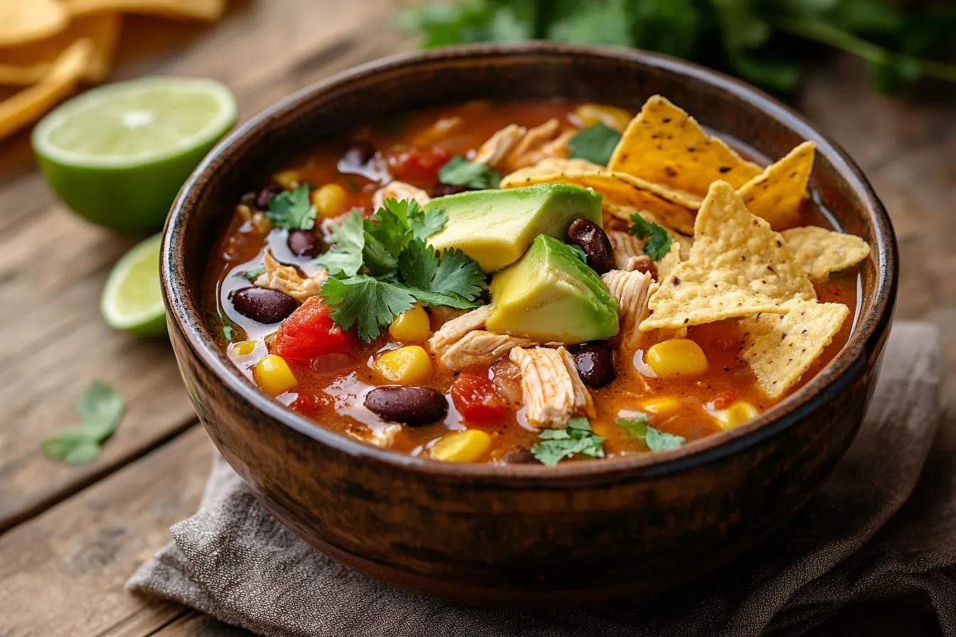 chicken taco soup recipe with tortilla chips and avocado
