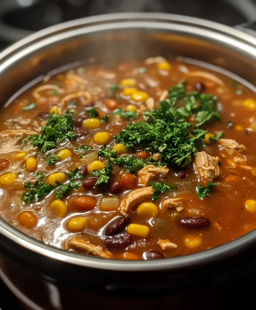 Chicken Taco Soup Recipe 3 chicken taco soup simmering in pot