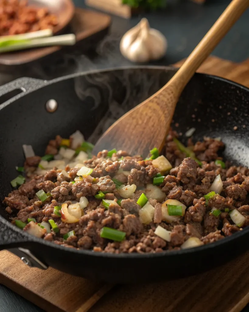 Ground beef cooking with onion, garlic, and ginger in skillet