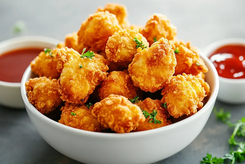 Crispy air fryer popcorn chicken with dipping sauces