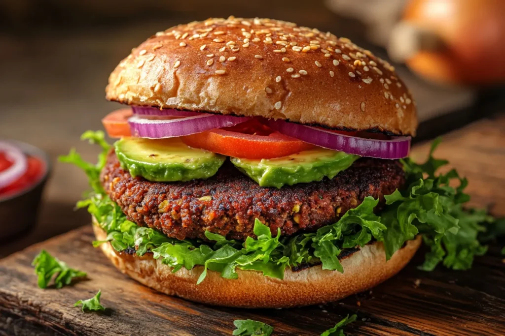 Crispy homemade veggie burger on whole-grain bun with toppings